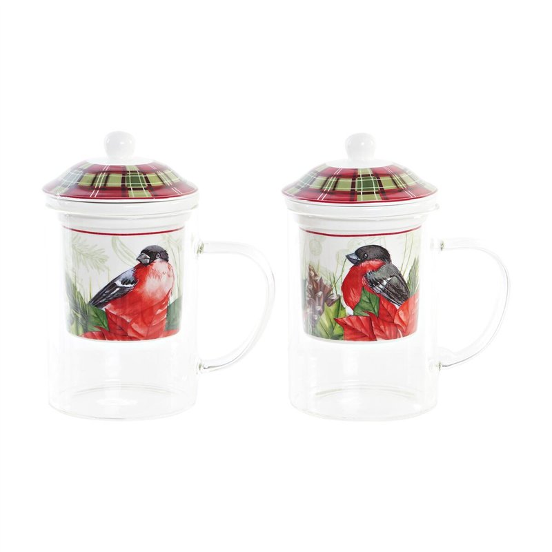 Tasse à infusion DKD Home Decor Oiseau Verre Porcelaine Rouge (300 ml) (2 Unités)