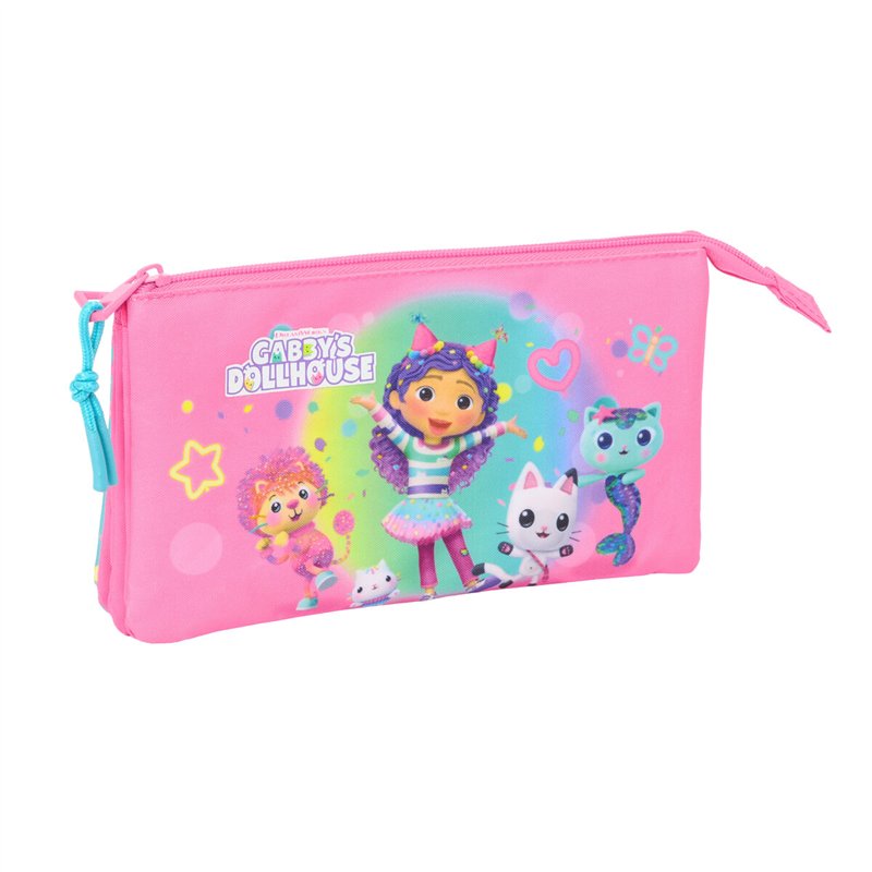 Trousse Fourre-Tout Triple Gabby's Dollhouse Confetti Rose Turquoise 22 x 12 x 3 cm