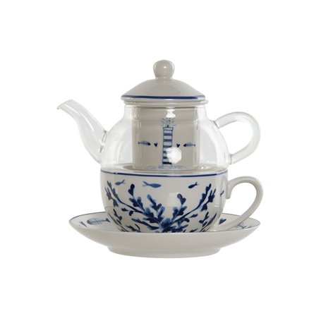 Théière Home ESPRIT Bleu Blanc Verre Porcelaine