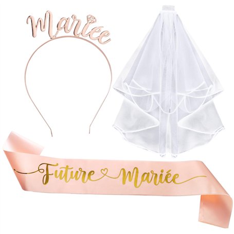 Accessoire EVJF Écharpe Future Mariée Voile Blanc Couronne Serre-tête Or Rose Kit Enterrement de Vie de Jeune Fille pour Fête EV