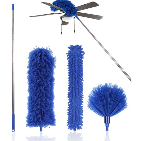 Bixury 4 Pièces Plumeau Telescopique Microfibre Plumeau Poussiere Plumeau Lavable Microfibre Longueur Totale Jusqu'à 280 cm pour