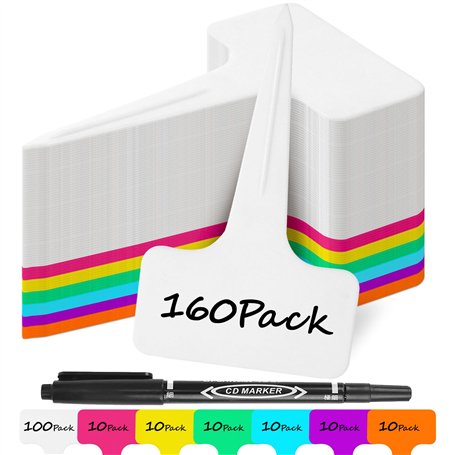 Lot de 160 étiquettes pour plantes en plastique de qualité supérieure – 100 blanches + 60 x multicolores