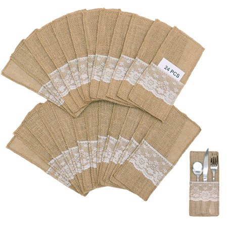 Leeyunbee Lot de 24 sacs à Couverts en Toile de Jute avec Dentelle