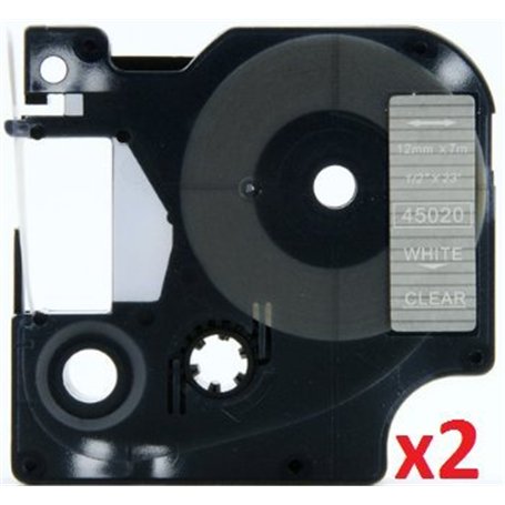 Cartridges Kingdom 2 Ruban Étiquettes compatible pour Dymo D1 45020 (12mm x 7m) blanc sur transparent