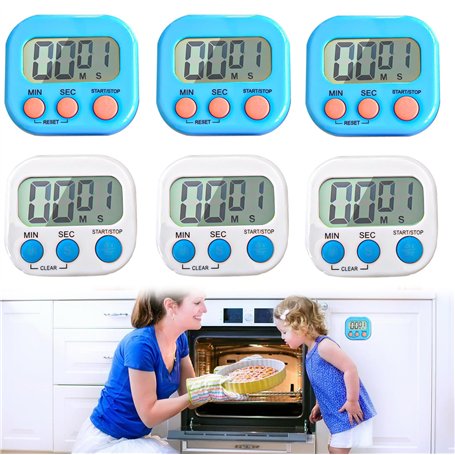 Nizirioo Lot de 6 chronomètres magnétiques 2 couleurs avec horloge numérique avec grand écran LCD silencieux pour cuisines