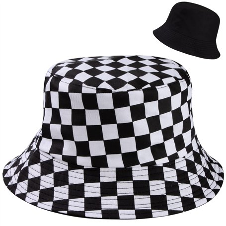 MengH-SHOP Chapeau de Seau Réversible Noir et Blanc Imprimé à Carreaux Chapeau de Pêcheur en Coton Unisexe Pliable Chapeau de So