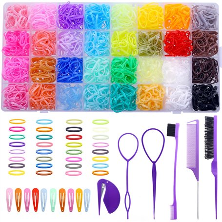 Lot de 2 000 petits élastiques à cheveux en caoutchouc avec 16 outils de coiffure