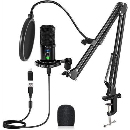 Aveek Microphone Condensateur USB avec Bras – Micro en Métal