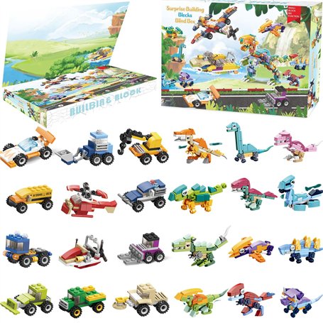 Dazhtu Calendrier de l'avent 2024 Enfant 24 pièces Blocs de Construction découverte Dinosaures et véhicules Jouets