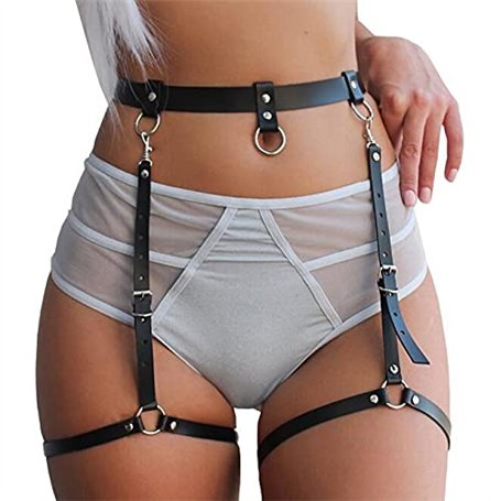 Punk Chaîne de Corps en Cuir pour Femmes Taille Harnais Ceinture Noir Gothique Chaîne de Jambe Réglable Ceinture Cuisse Jarretel
