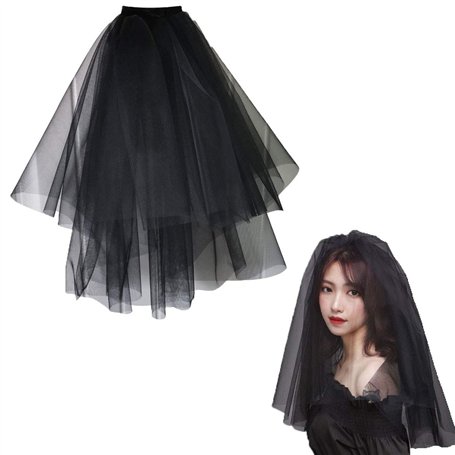 Halloween Voile De mariage Sorcière Noir Voile De Mariée en Deux Couches