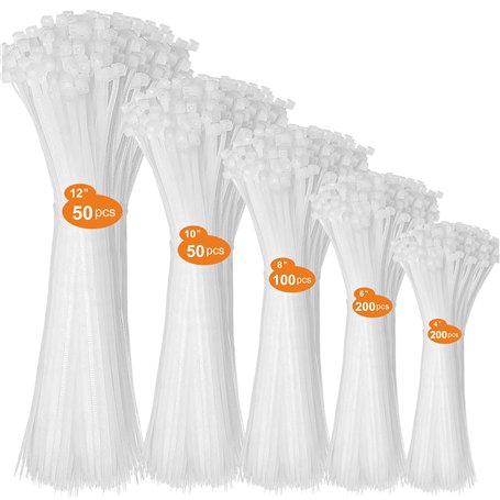 Lot de 600 serre-câbles blancs - 100/150/200/300 mm - Résistants aux UV - Résistance à la traction jusqu'à 22 kg - Pour la gesti
