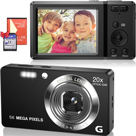 Appareil Photo Numérique 56MP 4K HD Compact Caméra Enfant avec Carte 32Go Zoom Digital 20X Écran 2