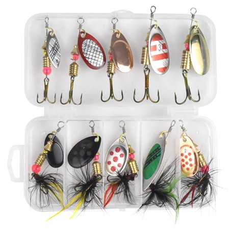 Chstarina 10 Pièces Kit de Leurre de Pêche Spinnerbaits Cuillère à Pêche Tournante Métallique Kit d'appâts de Pêche Portable ave