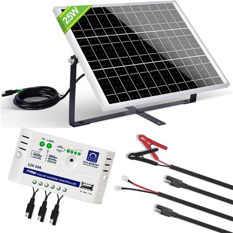 ECO-WORTHY Kit Panneau Solaire 25W 12V MONO : 25W Panneau Solaire + Support de Montage + Câble de connexion SAE + Contrôleur de