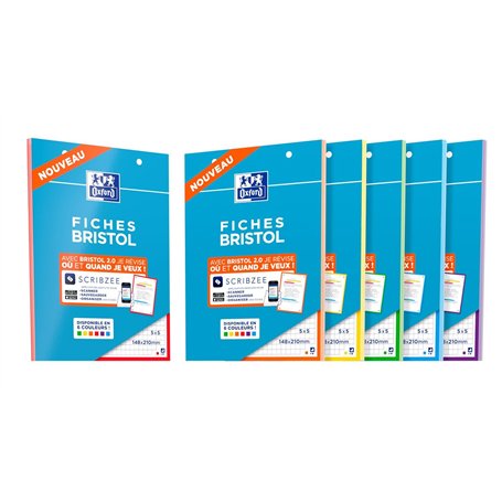 OXFORD Lot de 3 Blocs de 30 Fiches Bristol Perforées 2.0 A5 Q5/5 Bordures couleurs aléatoires