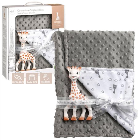 Sophie la Girafe - Couverture Grise - Protège bébé du froid - Motifs Sophie la Girafe - Extrêment douce - Lavable en Machine