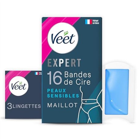 Veet EXPERT - 16 Bandes de Cire Froide Maillot - Peaux Sensibles - Finition Parfaite - Epilation Longue Durée