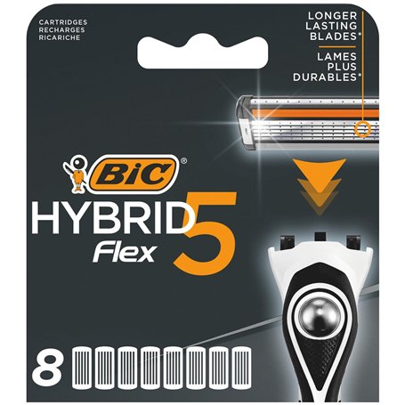 BIC Hybrid 5 Flex Recharges - 8 Recharges de Rasoir Homme à 5 Lames Nanotech en Titane avec Bande Lubrifiante pour un Rasage Pré