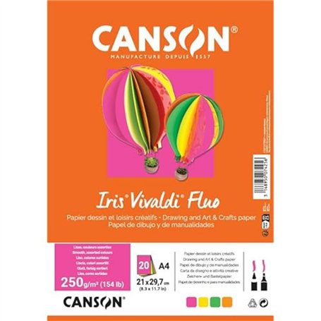 CANSON - Iris Vivaldi - Paquet de 20 feuilles A4 250g - 4 couleurs fluo assorties
