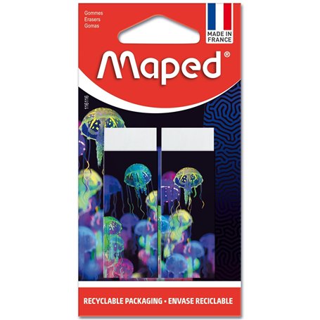 Maped - Lot de 2 Gommes Blanches DeepSea Paradise - Gommes Scolaires Dust-Free - Sans PVC ni Phtalate - Fourreau décoré- Fabriqu