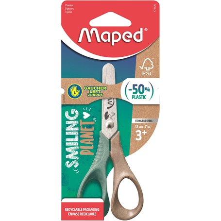 Maped - Ciseaux Vivo Smiling Planet - Ciseaux Responsables pour les Petites Mains gauchers - Anneaux 50% en Fibre de Bois Certif