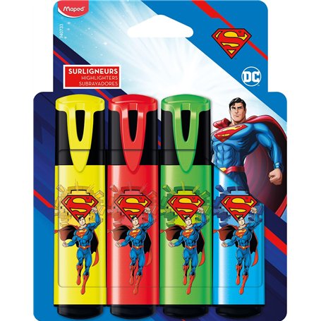 Maped - 4 surligneurs Superman aux Couleurs Éclatantes - Pointe biseautée - Surligneurs Longue Durée pour Usage Scolaire et Prof