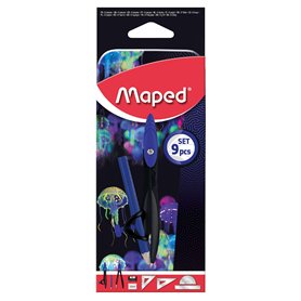 Maped - Coffret Mathset Compas Scolaire Deepsea Paradise - Compas Bague + Compas Mine + Set de Traçage + Taille-Crayon + Gomme +