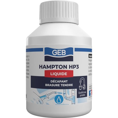 GEB HAMPTON HP3 Liquide. Flux décapant liquide soluble dans l'eau pour soudure à l'étain. Compatible sur tous métaux sauf acier