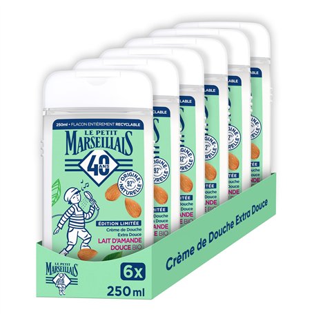 Le Petit Marseillais Crème de Douche Extra Douce Lait d'Amande Douce Bio (lot de 6 flacons de 250 ml) – Gel douche avec 92 % d'i