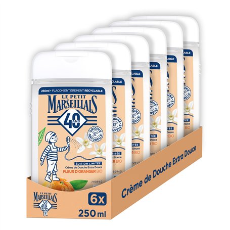 Le Petit Marseillais | Crème de Douche Extra Douce Fleur d'Oranger Bio (lot de 6 flacons de 250 ml) – Gel douche avec 92 % d'ing