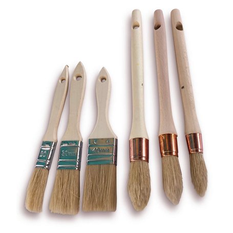 Lot de 6 pinceaux | 3 pinceaux à rechampir soie n°3/0 - n° 0 - n° 2 | 3 pinceaux à vernir série épaisse largeur 20-30-40 mm | Ém