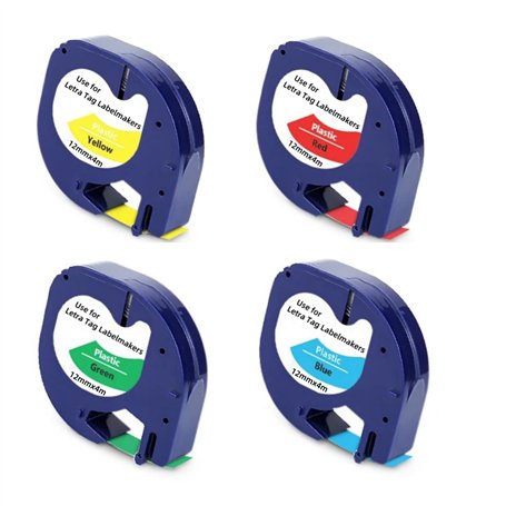 4 Rubans pour Étiqueteuse compatible avec Dymo Ruban Plastique 12mm x 4m 91202 91203 91204 91205 LT-110T LT-100H XR