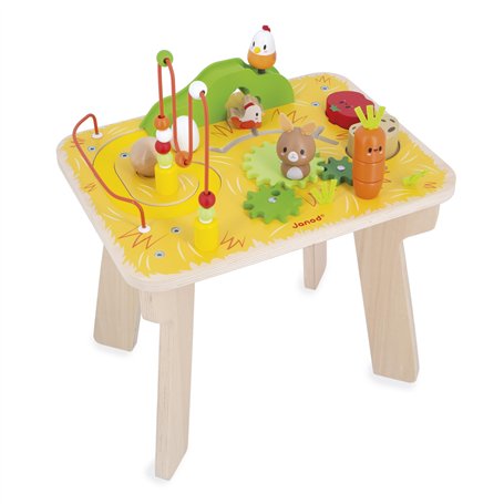 Janod - Table d'Activités en Bois Thème Ferme - 8 Activités pour Enfants - Hauteur Plateau 32cm - Jouet d'Éveil - Développement