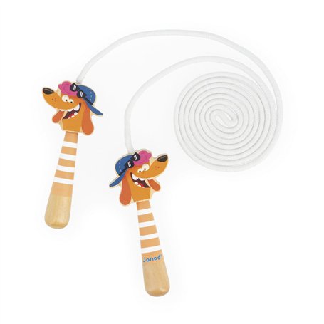 Janod - Corde à Sauter Réglable pour Enfants - Poignées Tetes de Chiens en Bois - 2m de Corde - Idéal pour Jouer en Extérieur et