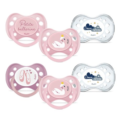 DODIE Lot de 6 Sucettes Anatomiques ESSENTIEL JOUR/NUIT +6 mois ROSE