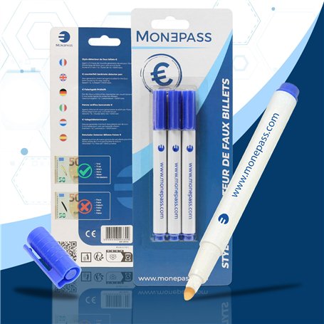 Lot de 3 stylos détecteur de faux billets spécial Euro - Tout nouveau modèle dédié à l'euro pour encore plus d'efficacité. Détec