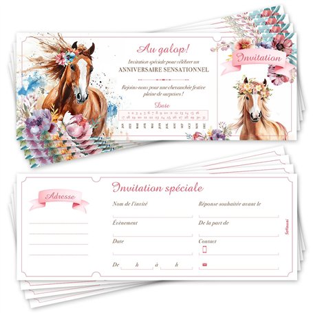 SoKawaï - 12 invitations anniversaire en Français | Thème Équitation - Cheval | Format ticket | Adresse détachable