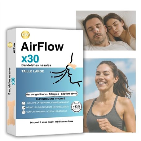 KW AirFlow Bandelettes nasales anti-ronflement x30 | Taille L | Ecarteur nasal anti-ronflement efficace puissant | Nasal strips