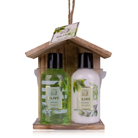 Accentra-Set cadeau de douche pour femmes OLIVE dans une belle boîte en bois - Set de soins 2 pièces gel douche et lotion corpor