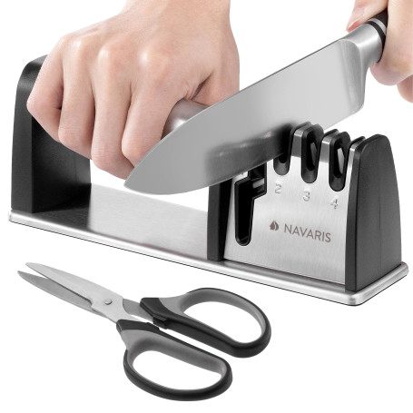 Navaris Aiguiseur Couteaux - Aiguisoir Manuel en Acier Inoxydable pour Couteau et Ciseaux en 3 Étapes - Affuteur de Couteaux de