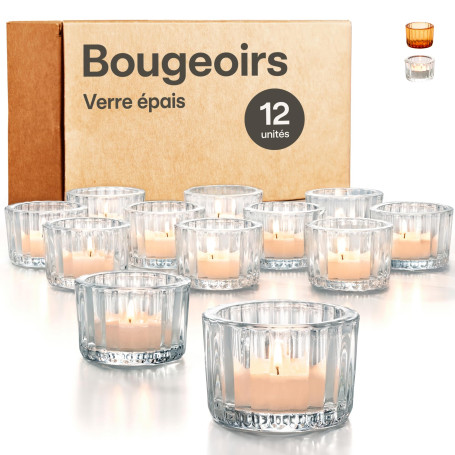 Praknu Photophore Bougeoir en Verre Transparent - 12 Porte Bougie Decorative à Chauffe-Plat - Décoration de Maison