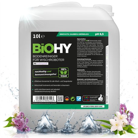BiOHY Nettoyant pour sols pour robots de nettoyage avec une senteur fraîche de printemps (Bidon de 10l) | Concentré de nettoyant