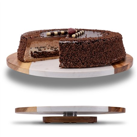 Fino Casa Plateau en Marbre Rotatif Avec Bois d'Acacia - Rond - Gâteau