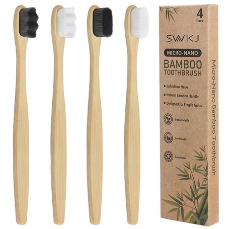 Lot de 4 brosses à dents micro-nano en bambou doux avec 20 000 poils conçus pour les gencives sensibles des enfants et des adult
