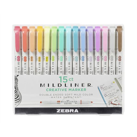 Zebra Pen Mildliner - Lot de 15 Surligneurs à Double Pointe Pastel pour Adultes