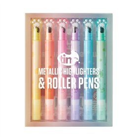 Tinc Lot de 6 surligneurs métallisés avec impression roller - Différents designs - Double pointe - Six couleurs au choix