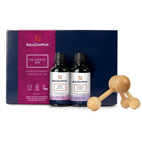 Naissance Coffret Cadeau Huile de Massage BIO The Couples Box Kit - Set 2 x 50ml Huiles & Masseur en Bois - Pour Femme & Homme R