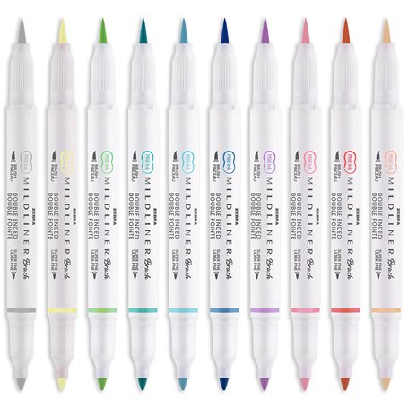 Zebra Mildliner Lot de 10 surligneurs pinceaux et marqueurs à double extrémité Couleurs assorties