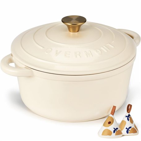 Overmont Cocotte en Fonte Émaillée - Ø26 cm Casserole Antiadhésive Avec Couvercle et Maniques en Coton - Batterie de Cuisine Rob